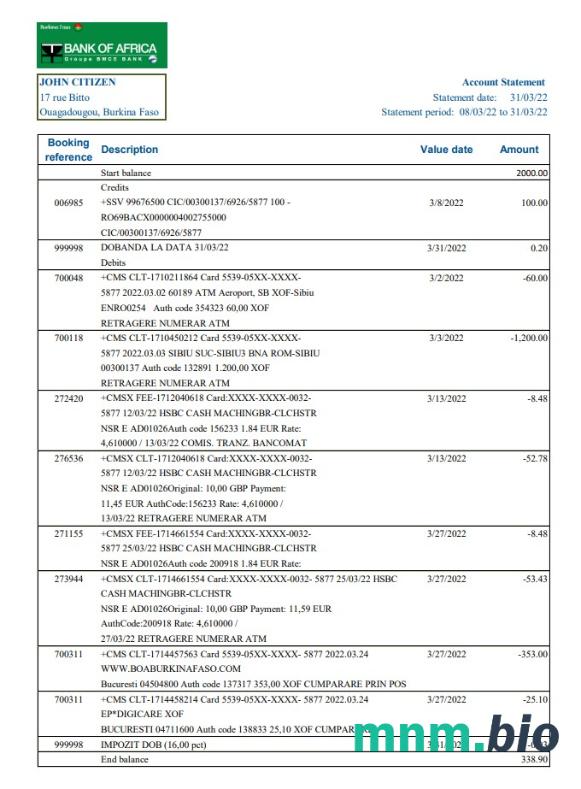 Szablon wyciągu bankowego Burkina Faso Bank Of Africa, format Word i PDF